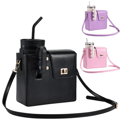 Durable Leather Crossbody Purse Water Bottle Cup Organizer Holder Bag Universal Water Cup Carrier Storage Bag for Women Girls