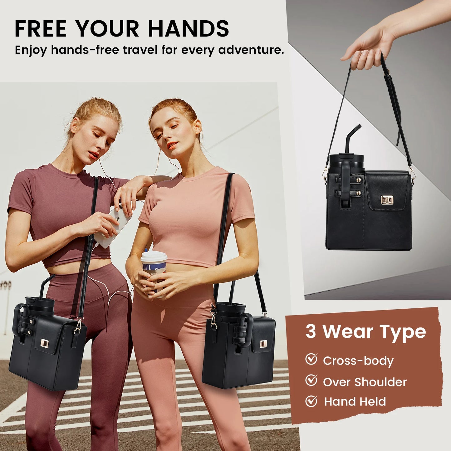 Durable Leather Crossbody Purse Water Bottle Cup Organizer Holder Bag Universal Water Cup Carrier Storage Bag for Women Girls
